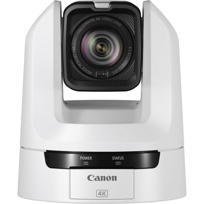 Canon CR-N300 4K NDI PTZ Camera (Titanium White) features an 8.29MP 1/2.3" CMOS sensor with DIGIC DV6 processor, UHD 4K30 and Full HD 1080p60 video capture, 20x optical zoom with optical image stabilisation, and Hybrid AF for fast and accurate focus. It supports multiple video outputs including HDMI, 3G-SDI, USB-C, and IP streaming with built-in NDI|HX and RTMP protocols. The camera offers smooth pan/tilt control, multiple scene modes, webcam capability via USB, and comprehensive remote control options (IP,