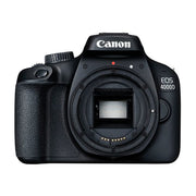 Canon EOS 4000D DSLR Kit with 18-55mm & 75-300mm lenses, 18MP sensor, Full HD video, and Wi-Fi sharing.