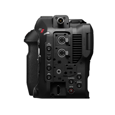Canon EOS C80 Cinema Camera: 6K full-frame stacked BSI sensor, 16 stops dynamic range, triple base ISO, Dual Pixel CMOS AF II with face and animal tracking, 12-bit Cinema RAW Light recording, RF mount, HDR, Wi-Fi, and Ethernet connectivity.