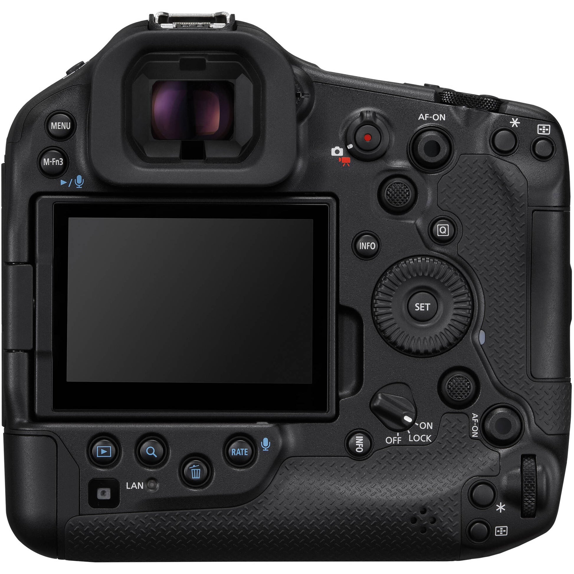 Canon EOS R1 Mirrorless Camera with 24.2MP full-frame stacked sensor, DIGIC X + Accelerator, 40fps shooting, 6K RAW 60p video, advanced deep-learning AF with eye control, 8.5-stop IBIS, Wi-Fi 6E and 2.5G Ethernet.