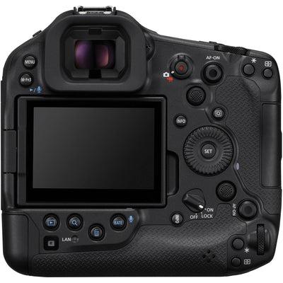Canon EOS R1 Mirrorless Camera with 24.2MP full-frame stacked sensor, DIGIC X + Accelerator, 40fps shooting, 6K RAW 60p video, advanced deep-learning AF with eye control, 8.5-stop IBIS, Wi-Fi 6E and 2.5G Ethernet.