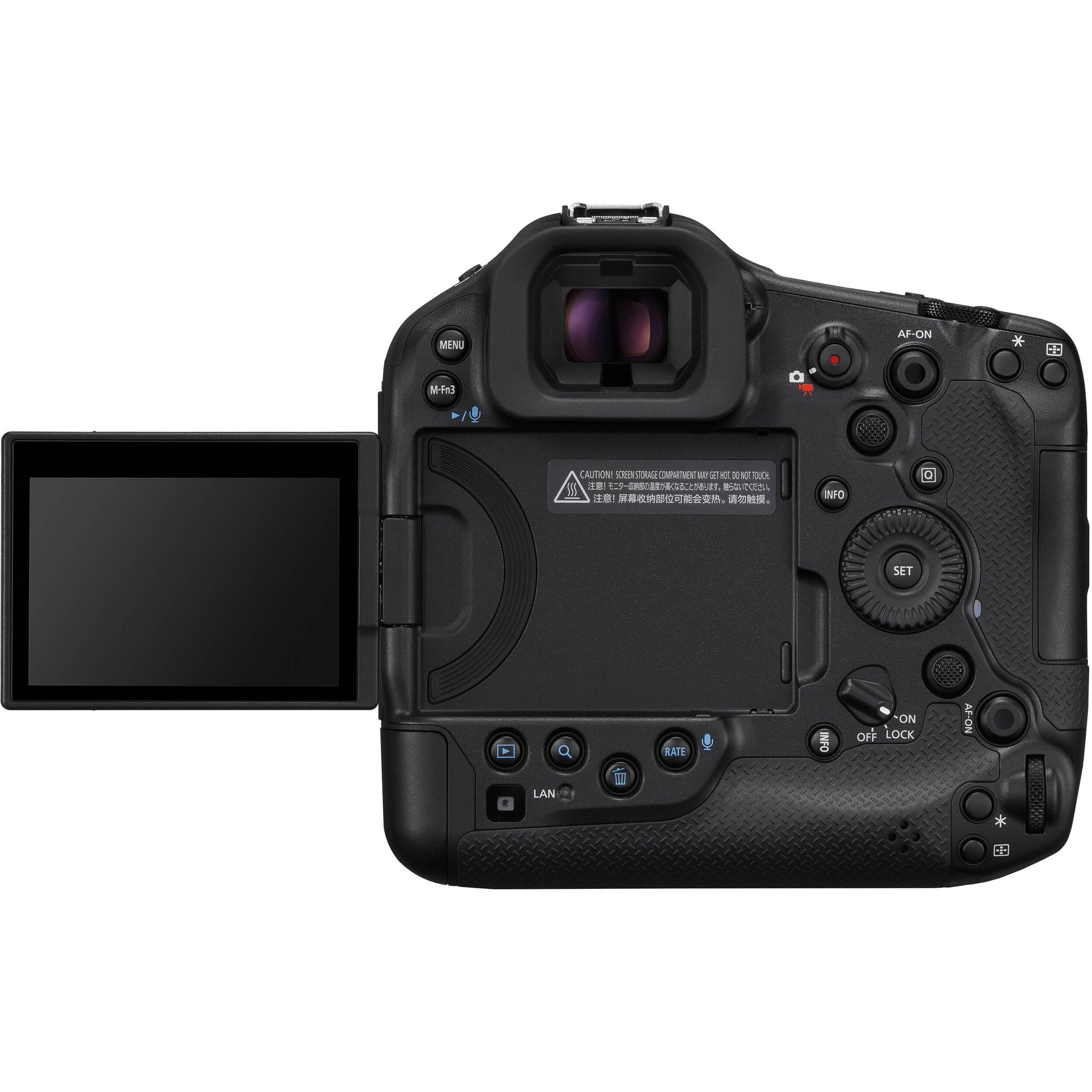 Canon EOS R1 Mirrorless Camera with 24.2MP full-frame stacked sensor, DIGIC X + Accelerator, 40fps shooting, 6K RAW 60p video, advanced deep-learning AF with eye control, 8.5-stop IBIS, Wi-Fi 6E and 2.5G Ethernet.