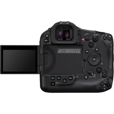 Canon EOS R1 Mirrorless Camera with 24.2MP full-frame stacked sensor, DIGIC X + Accelerator, 40fps shooting, 6K RAW 60p video, advanced deep-learning AF with eye control, 8.5-stop IBIS, Wi-Fi 6E and 2.5G Ethernet.