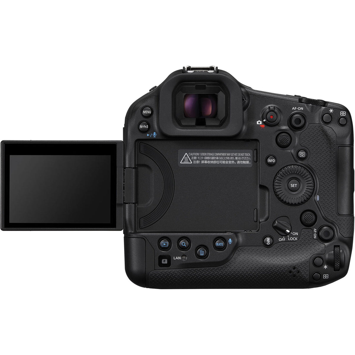 Canon EOS R1 Mirrorless Camera: 24.2MP full-frame stacked sensor, DIGIC X + Accelerator processors, 40fps shooting, 6K RAW video at 60p, advanced deep-learning AF with eye control, 8.5-stop IBIS, Wi-Fi 6E, and 2.5G Ethernet.
