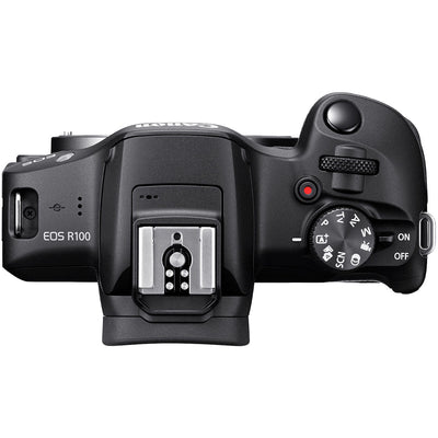 Canon EOS R100 Mirrorless Camera Travel Kit: 24.1MP APS-C sensor, DIGIC 8 processor, 4K 24p crop video, Dual Pixel AF, 6.5fps shooting, OLED EVF, Wi-Fi, Bluetooth, RF-S 18-45mm lens included.