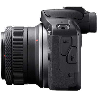 Canon EOS R100 Mirrorless Camera Travel Kit: 24.1MP APS-C sensor, DIGIC 8 processor, 4K 24p crop video, Dual Pixel AF, 6.5fps shooting, OLED EVF, Wi-Fi, Bluetooth, RF-S 18-45mm lens included.