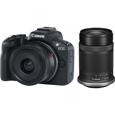 Canon EOS R50 with 18-45mm and 55-210mm lenses and vari-angle touchscreen.