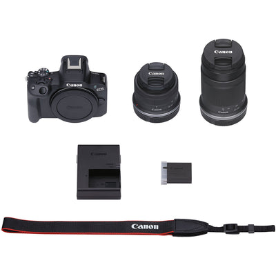 Canon EOS R50 with 18-45mm and 55-210mm lenses and vari-angle touchscreen.