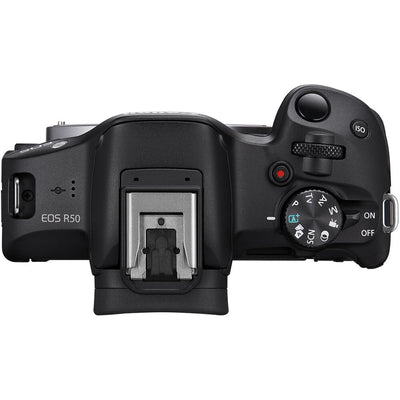 Canon EOS R50 with 18-45mm and 55-210mm lenses and vari-angle touchscreen.
