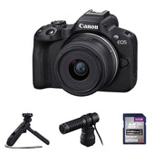 Canon EOS R50 Creator Kit with camera, mic, tripod grip, and 18-45mm lens.