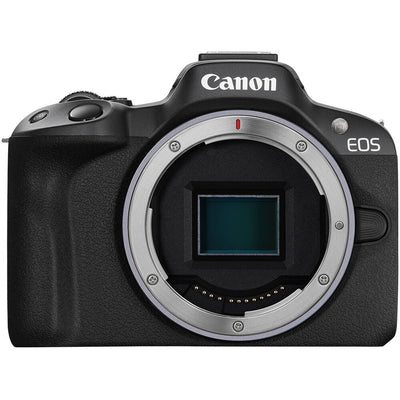 Canon EOS R50 Creator Kit with camera, mic, tripod grip, and 18-45mm lens.
