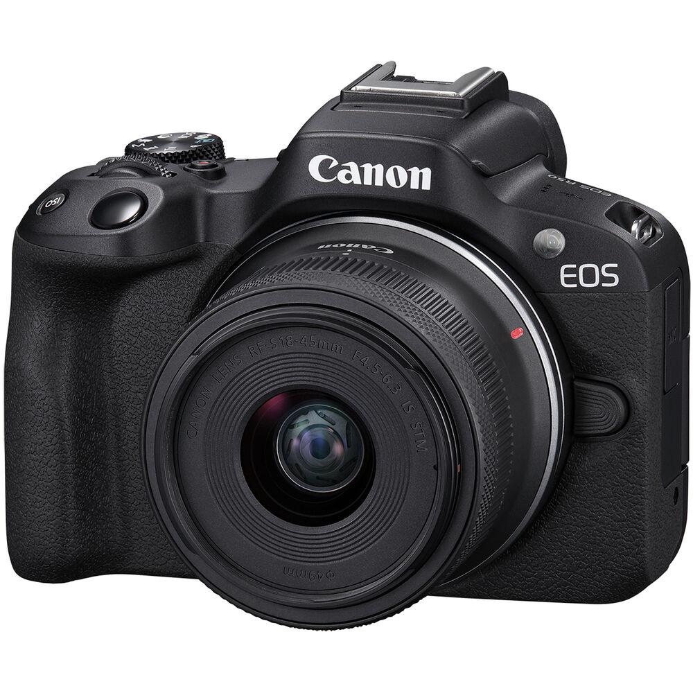 Canon EOS R50 Creator Kit with camera, mic, tripod grip, and 18-45mm lens.

