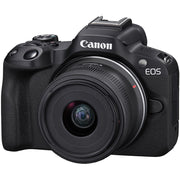 Canon EOS R50 Creator Kit with camera, mic, tripod grip, and 18-45mm lens.
