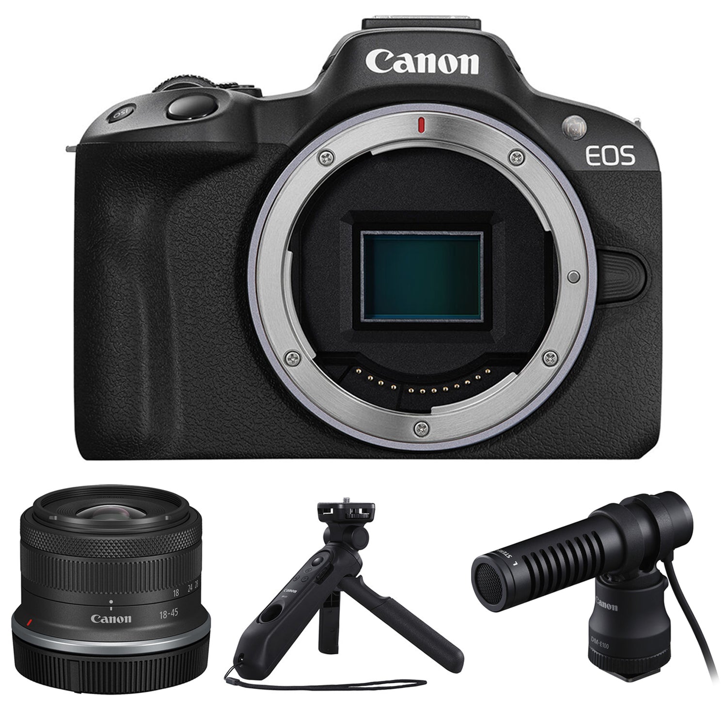 Canon EOS R50 Creator Kit with camera, mic, tripod grip, and 18-45mm lens.
