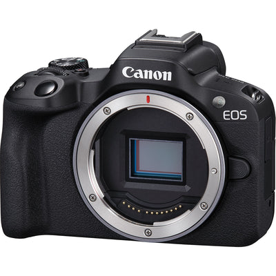 Canon EOS R50 mirrorless camera with 24MP sensor and 4K video.
