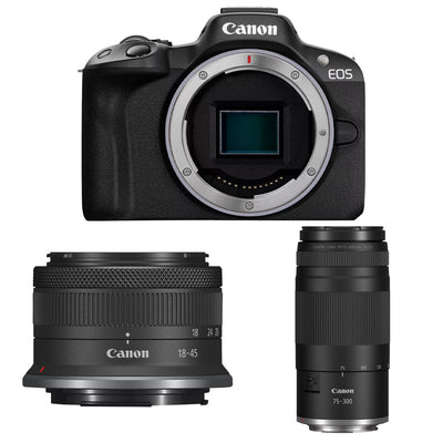 Canon EOS R50 kit with 18-45mm and 75-300mm RF lenses - complete kit