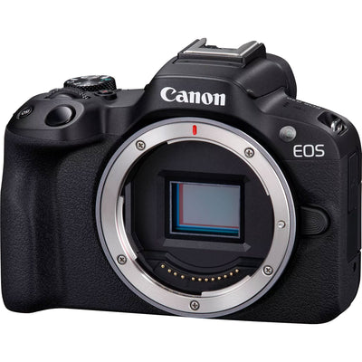 Canon EOS R50 kit with 18-45mm and 75-300mm RF lenses - right front angle view