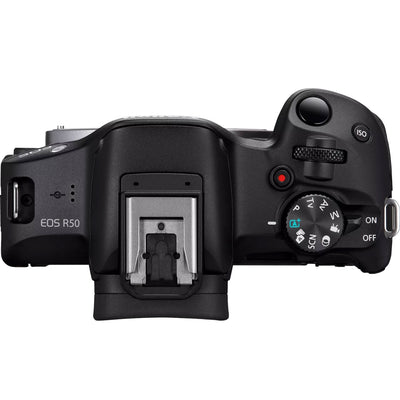 Canon EOS R50 kit with 18-45mm and 75-300mm RF lenses - top view