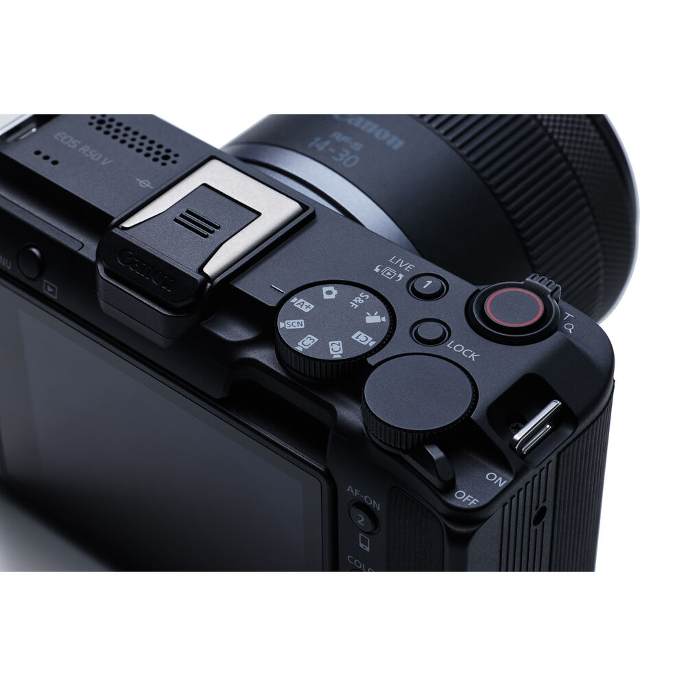 Canon EOS R50 V Mirrorless Camera: 24.2MP APS-C sensor, DIGIC X processor, Dual Pixel CMOS AF II, 4K 60p video, 6K oversampling, Full HD 120p slow motion, Canon Log 3, Wi-Fi, and interchangeable RF lenses.