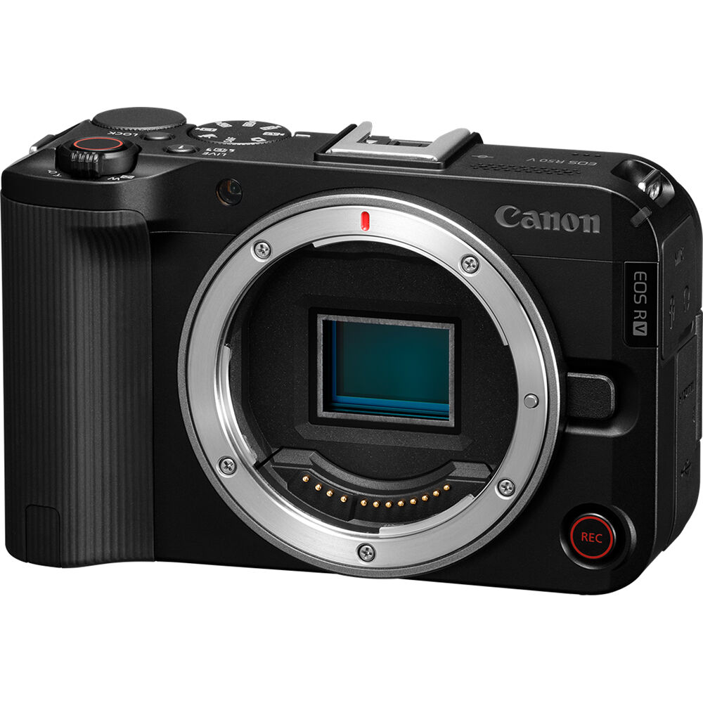 Canon EOS R50 V Mirrorless Camera: 24.2MP APS-C sensor, DIGIC X processor, Dual Pixel CMOS AF II, 4K 60p video, 6K oversampling, Full HD 120p slow motion, Canon Log 3, Wi-Fi, and interchangeable RF lenses.