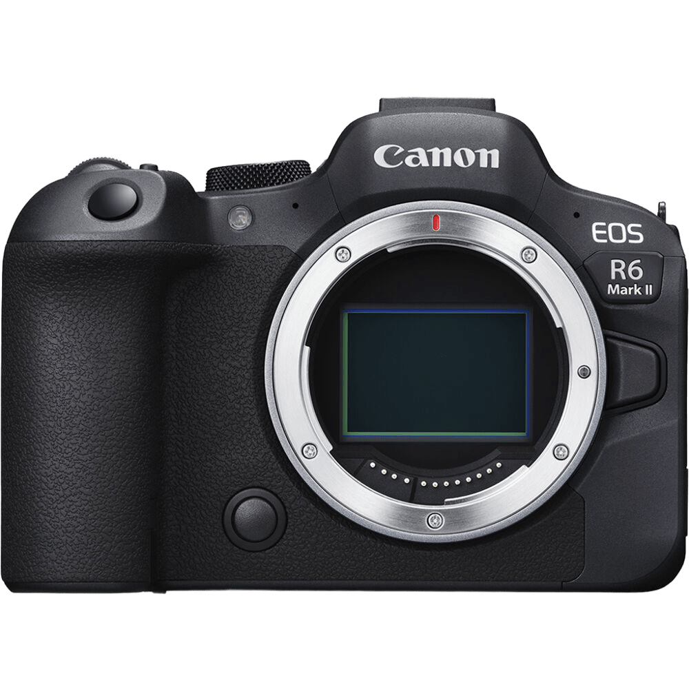 Canon EOS R6 Mark II mirrorless camera body in black, shown from the front without a lens attached, on a plain white background.