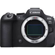 Canon EOS R6 Mark II mirrorless camera body in black, shown from the front without a lens attached, on a plain white background.