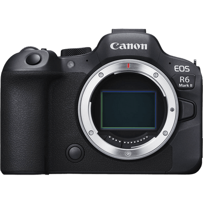 Canon EOS R6 Mark II mirrorless camera body in black, shown from the front without a lens attached, on a plain white background.