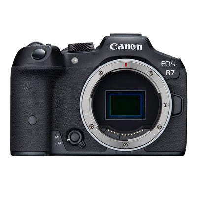 Canon EOS R7 Mirrorless Camera: 32.5MP APS-C sensor, DIGIC X processor, Dual Pixel CMOS AF II, 4K 60p video (7K oversampled), 30fps burst, 7-stop IBIS, AF tracking for humans and animals, supports EF/EF-S lenses with adapter.