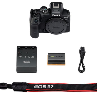 Canon EOS R7 Mirrorless Camera: 32.5MP APS-C sensor, DIGIC X processor, Dual Pixel CMOS AF II, 4K 60p video (7K oversampled), 30fps burst, 7-stop IBIS, AF tracking for humans and animals, supports EF/EF-S lenses with adapter.