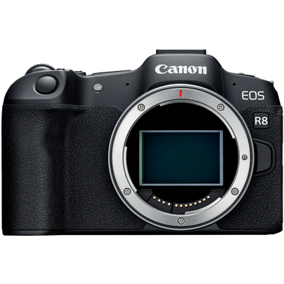 Canon EOS R8 full-frame mirrorless camera with 24MP and 4K60 video.
