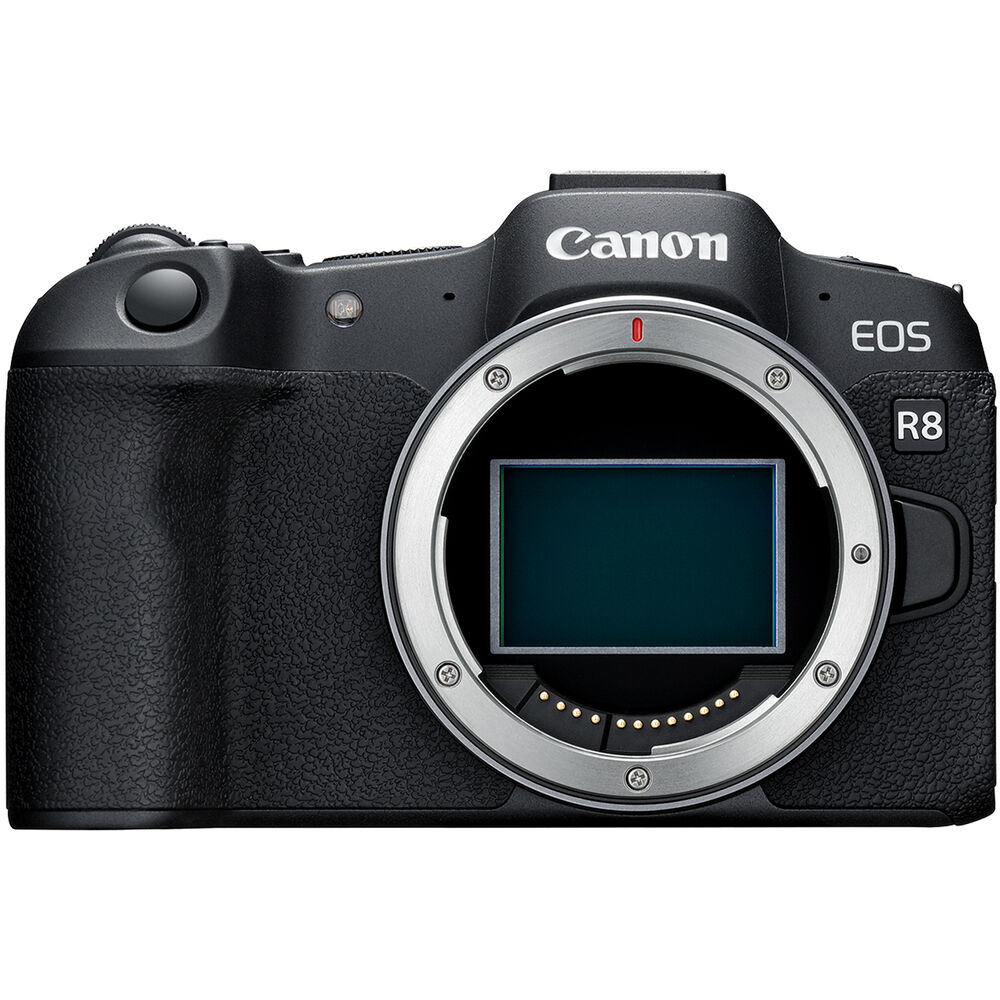Canon EOS R8 full-frame mirrorless camera with 24MP and 4K60 video.
