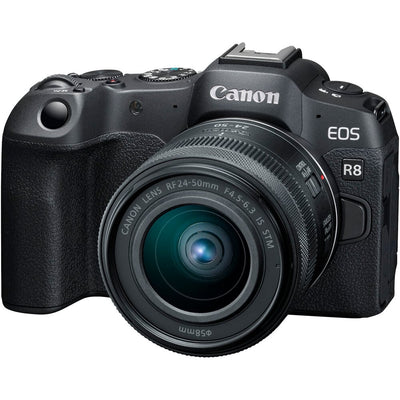 Canon EOS R8 with 24-50mm lens for vlogging and travel.