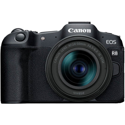 Canon EOS R8 with 24-50mm lens for vlogging and travel.