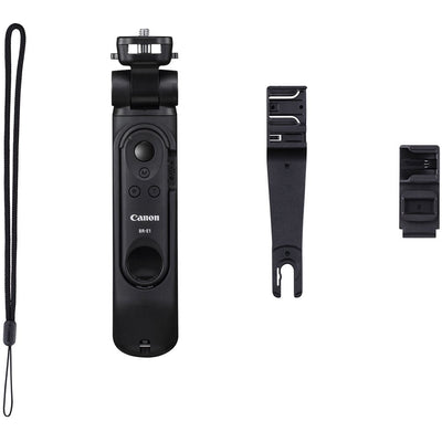 Canon HG‑100TBR Tripod Grip—black and dark grey handheld grip with 1/4‑inch tripod threads, ergonomic textured body, wrist strap attachment, and collapsible design for tripod and gimbal support.