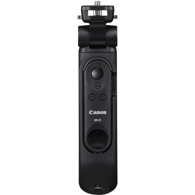Canon HG‑100TBR Tripod Grip—black and dark grey handheld grip with 1/4‑inch tripod threads, ergonomic textured body, wrist strap attachment, and collapsible design for tripod and gimbal support.