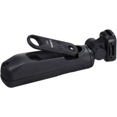 Canon HG‑100TBR Tripod Grip—black and dark grey handheld grip with 1/4‑inch tripod threads, ergonomic textured body, wrist strap attachment, and collapsible design for tripod and gimbal support.