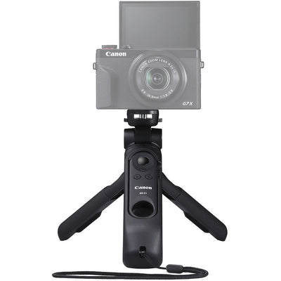 Canon HG‑100TBR Tripod Grip—black and dark grey handheld grip with 1/4‑inch tripod threads, ergonomic textured body, wrist strap attachment, and collapsible design for tripod and gimbal support.