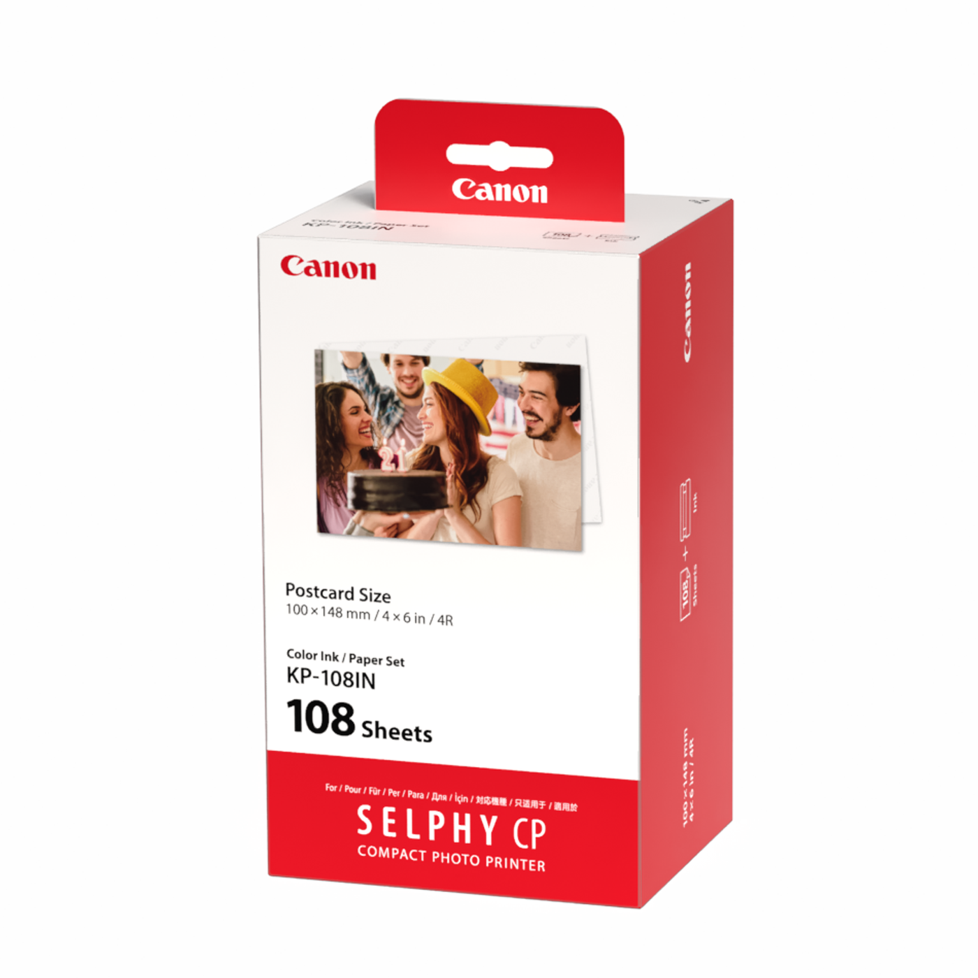 Canon KP-108IN Color Ink and Paper Set for SELPHY printers, featuring 108 sheets of 4x6 photo paper and three matching ink cassettes