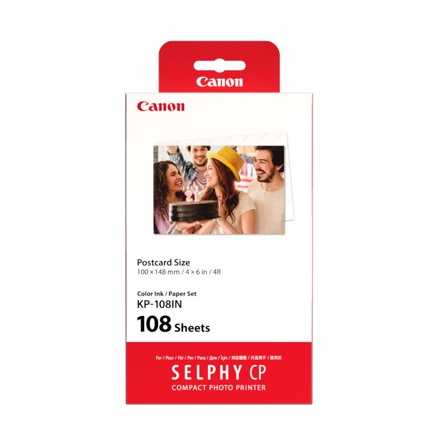 Canon KP-108IN Color Ink and Paper Set for SELPHY printers, featuring 108 sheets of 4x6 photo paper and three matching ink cassettes