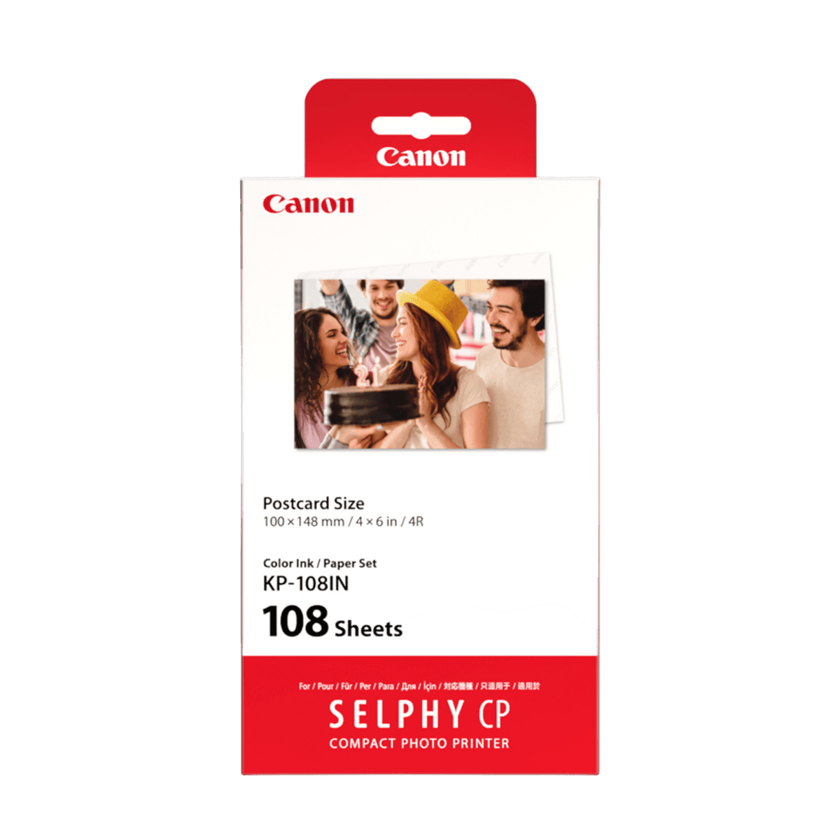 Canon KP-108IN Color Ink and Paper Set for SELPHY printers, featuring 108 sheets of 4x6 photo paper and three matching ink cassettes