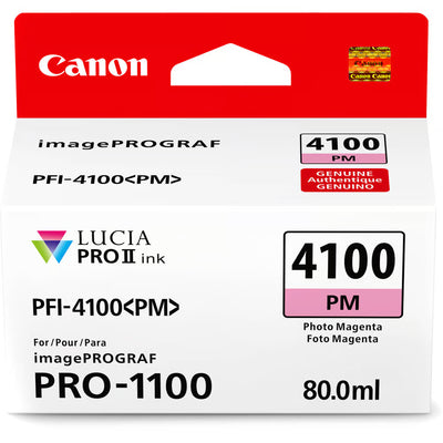 Canon PFI-4100 Photo Magenta ink, featuring Lucia pigment technology, delivers professional-grade prints with stunning colours and scratch resistance.