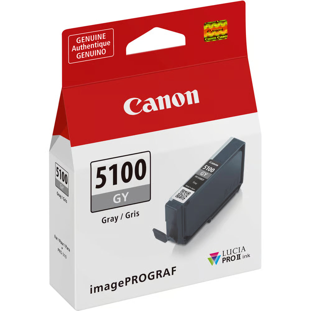 The Canon PFI-5100 Grey Ink Cartridge for Pro-310 offers smooth gradation and neutral greys, ideal for black-and-white photography and fine detail work.