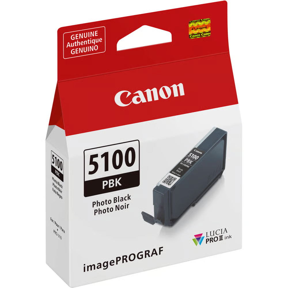 The Canon PFI-5100 Photo Black Ink Cartridge for Pro-310 enhances contrast and detail in glossy prints, ensuring crisp, professional-quality results.