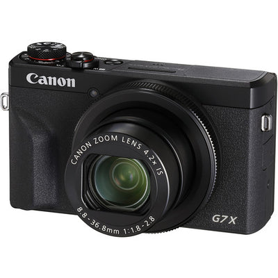 Canon PowerShot G7 X Mark III: 20.1MP 1" stacked CMOS sensor, DIGIC 8 processor, 4.2x optical zoom (24-100mm), f/1.8-2.8 lens, 4K 30p and Full HD 120p video, 20fps shooting, 3" tilting touchscreen, Wi-Fi, Bluetooth, live streaming to YouTube, external mic input, optical image stabilizer.