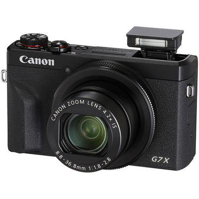 Canon PowerShot G7 X Mark III: 20.1MP 1" stacked CMOS sensor, DIGIC 8 processor, 4.2x optical zoom (24-100mm), f/1.8-2.8 lens, 4K 30p and Full HD 120p video, 20fps shooting, 3" tilting touchscreen, Wi-Fi, Bluetooth, live streaming to YouTube, external mic input, optical image stabilizer.