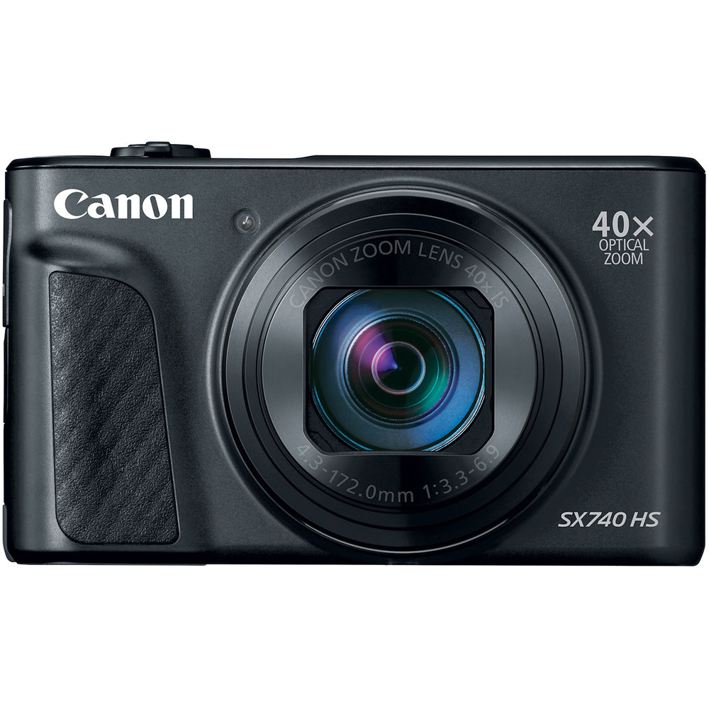 Canon PowerShot SX740 HS Digital Compact Camera in Black featuring a 40× optical zoom lens, built-in flash, 3-inch flip screen, and compact body ideal for travel photography.