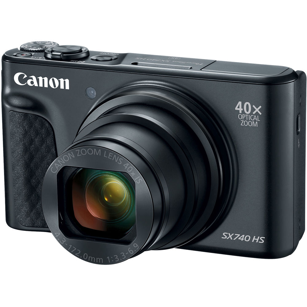 Canon PowerShot SX740 HS Digital Compact Camera in Black featuring a 40× optical zoom lens, built-in flash, 3-inch flip screen, and compact body ideal for travel photography.
