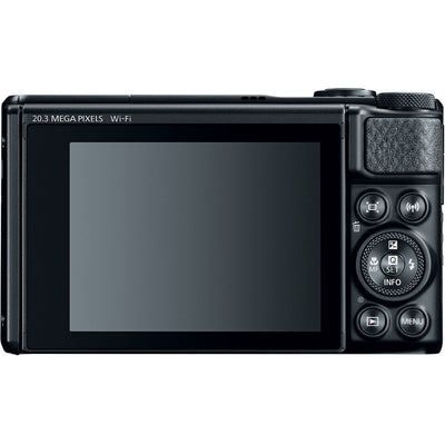 Canon PowerShot SX740 HS Digital Compact Camera in Black featuring a 40× optical zoom lens, built-in flash, 3-inch flip screen, and compact body ideal for travel photography.