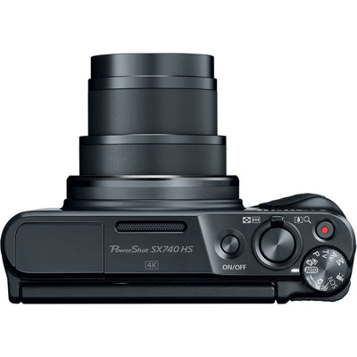 Canon PowerShot SX740 HS Digital Compact Camera in Black featuring a 40× optical zoom lens, built-in flash, 3-inch flip screen, and compact body ideal for travel photography.