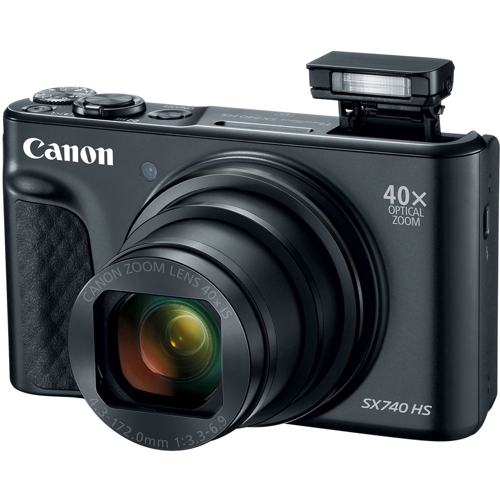 Canon PowerShot SX740 HS Digital Compact Camera in Black featuring a 40× optical zoom lens, built-in flash, 3-inch flip screen, and compact body ideal for travel photography.